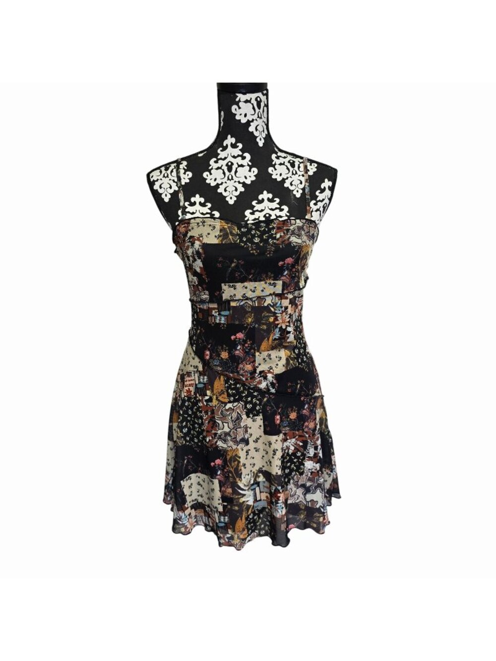 Y2K 90s Medium Spaghetti Strap Patchwork Mini Dress Brown Boho Empire Waist